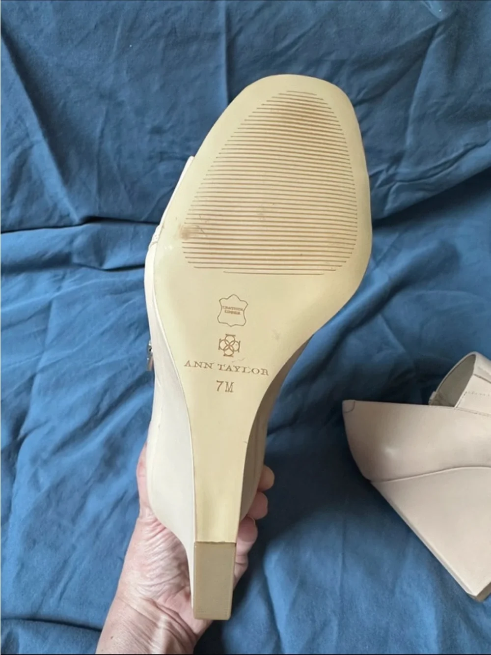 Ann Taylor Nude Beige Peep-Toe Wedge Sandals with Side Zip